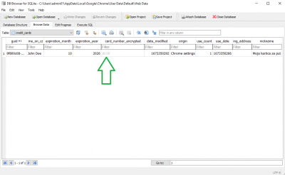 Slika 14 (Kriptirani brojevi bankovnih kartica u SQLite bazi podataka - //Web Data//)